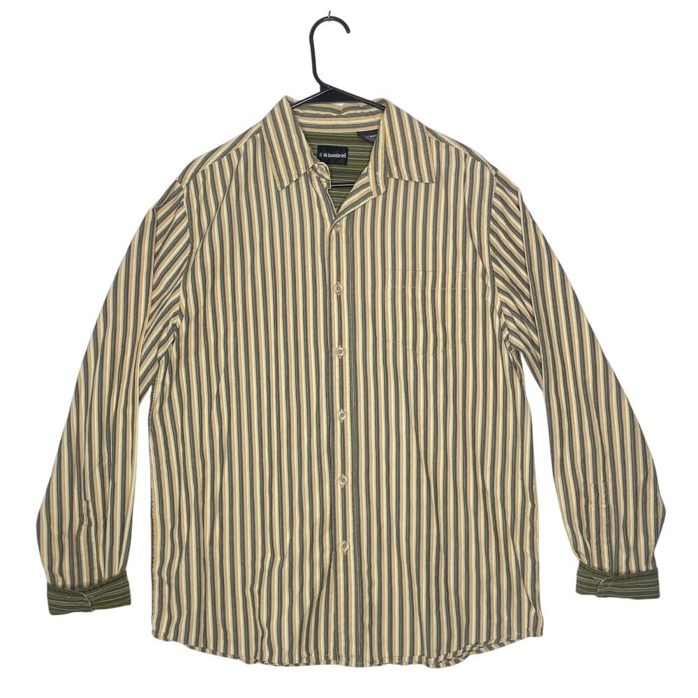 Y2K Vintage No Boundaries Shirt Mens M Green Yellow Vertical Stripe Skater Surf